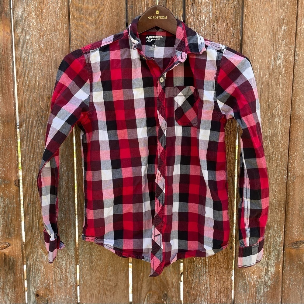 ARIZONA JEANS Boys Red Black Plaid Check Button Down Shirt Size 14-16